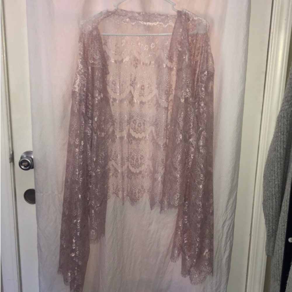 Sheer Side Shiny Lace and Cotton Plus Size Lavender Cardigan & Skirt XXL 47-52” - Picture 2 of 12